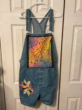Happy and Free Boho Upcycled Graphic Women’s Denim Shortalls - Size 13/14